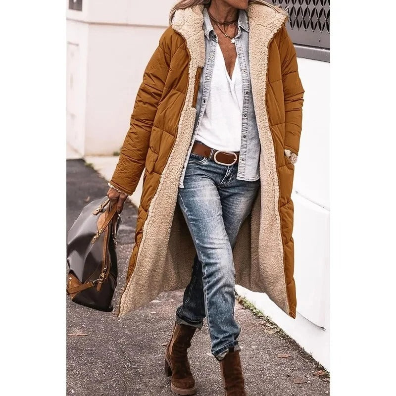 Angela Womens Longline Puffer Coat with Sherpa Lining in Brown