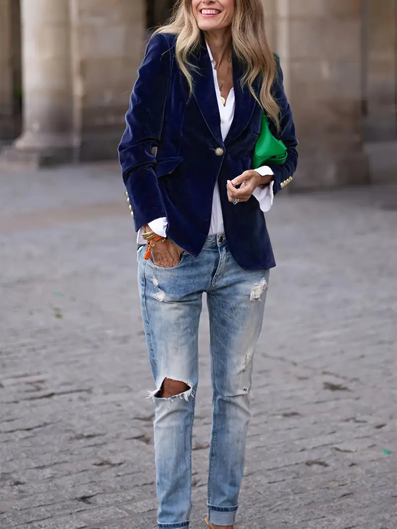 Women's Velvet Blazer, Figure-Flattering Cut | Plush Soft-Touch Fabric, Subtle Sheen | Black, Blue, Green or Red | S–2XL