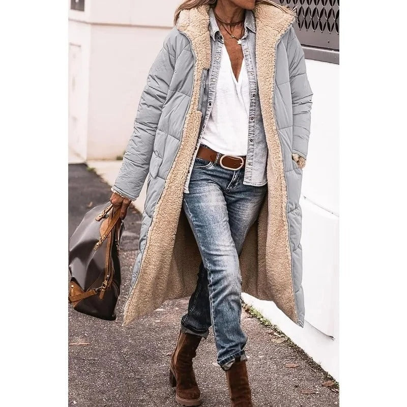 Angela Womens Longline Puffer Coat with Sherpa Lining in Gray