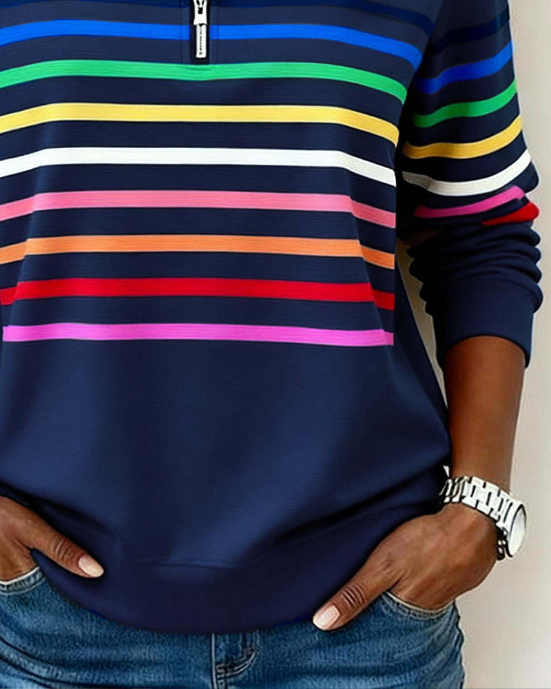 Mia Womens Half Zip Sweatshirt with Stripes