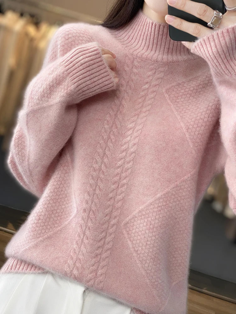 Ellis Womens Cashmere Turtleneck Sweater, Cable Knit in Pink