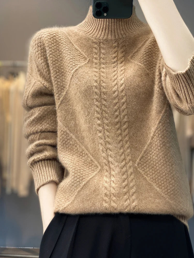 Ellis Womens Cashmere Turtleneck Sweater, Cable Knit in Beige