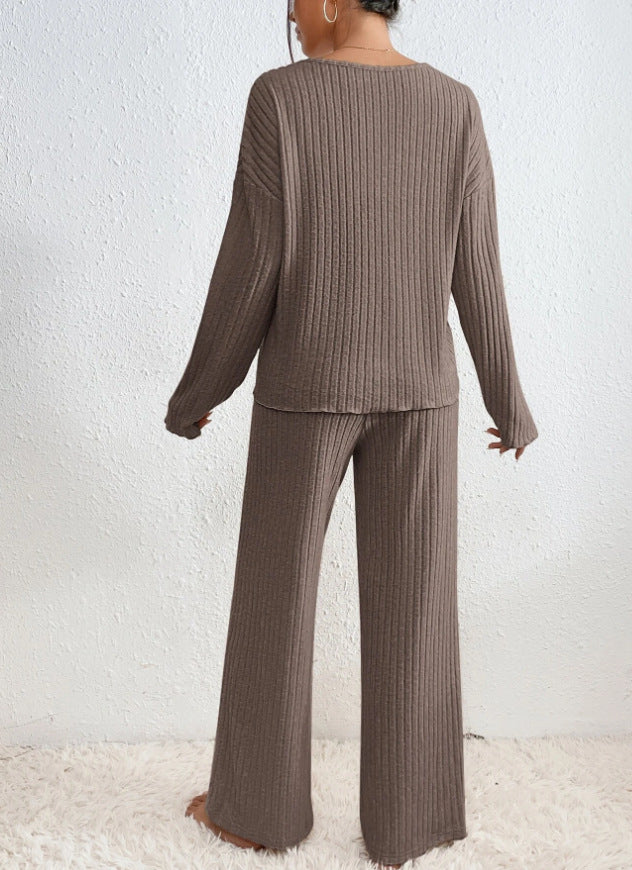 Women's Knitted Two-Piece Set, Ribbed Sweater & Trousers | V-Neck Top, Flexible Fit | 7 Colorways | S–2XL