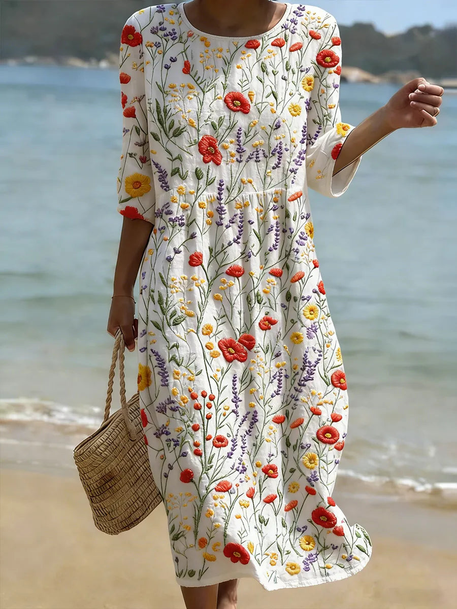 Floravienne™ | Floral Print Round Neck Maxi Dress