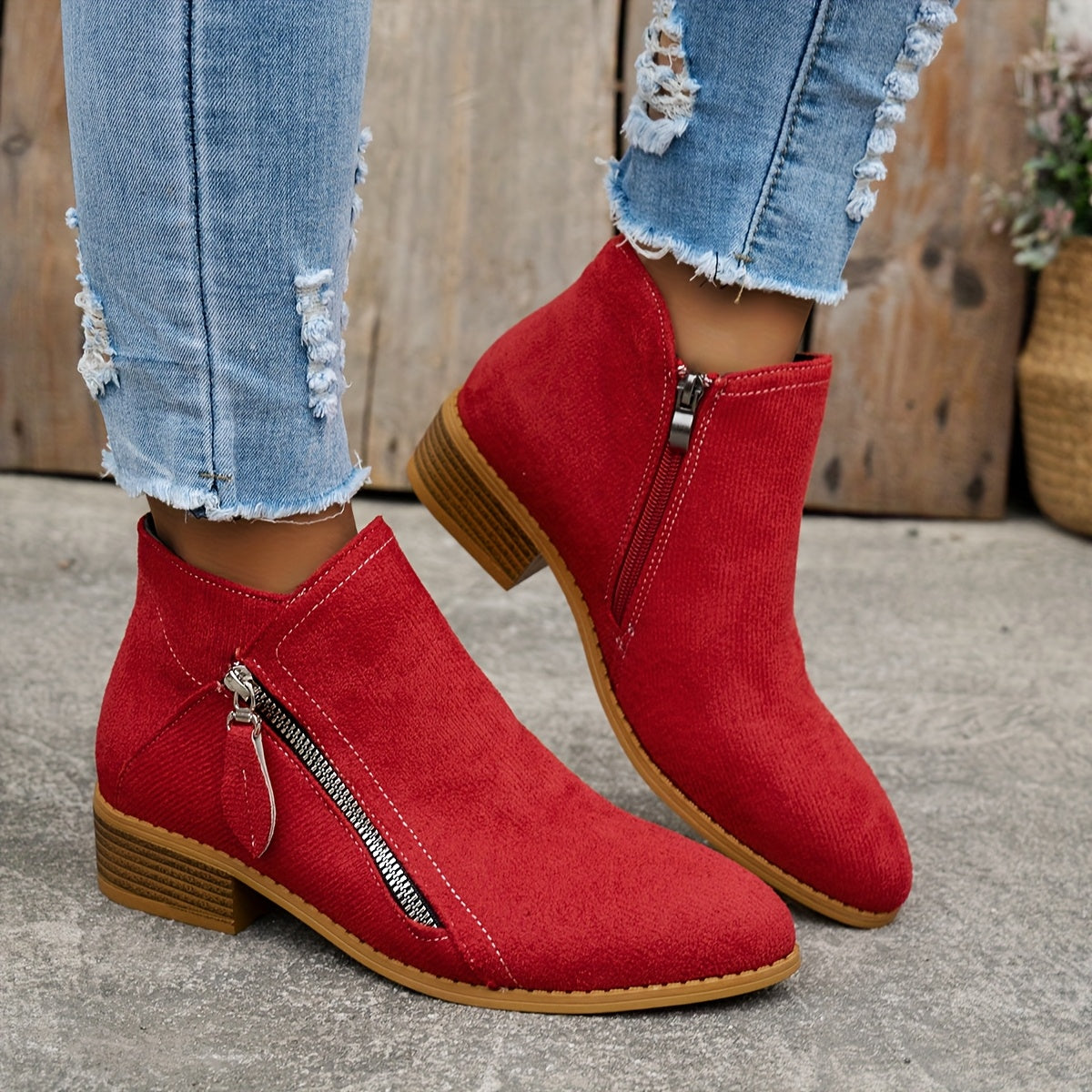 Raya Womens Ankle Boots with Side Zipper in Red