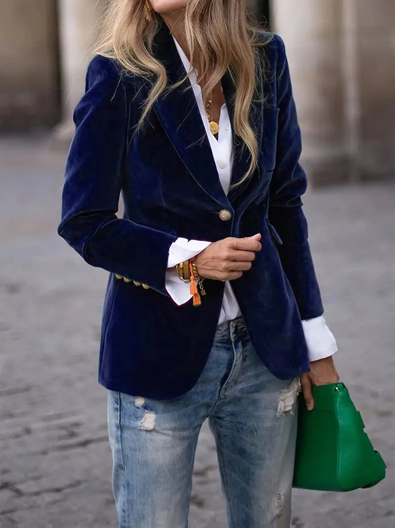 Women's Velvet Blazer, Figure-Flattering Cut | Plush Soft-Touch Fabric, Subtle Sheen | Black, Blue, Green or Red | S–2XL