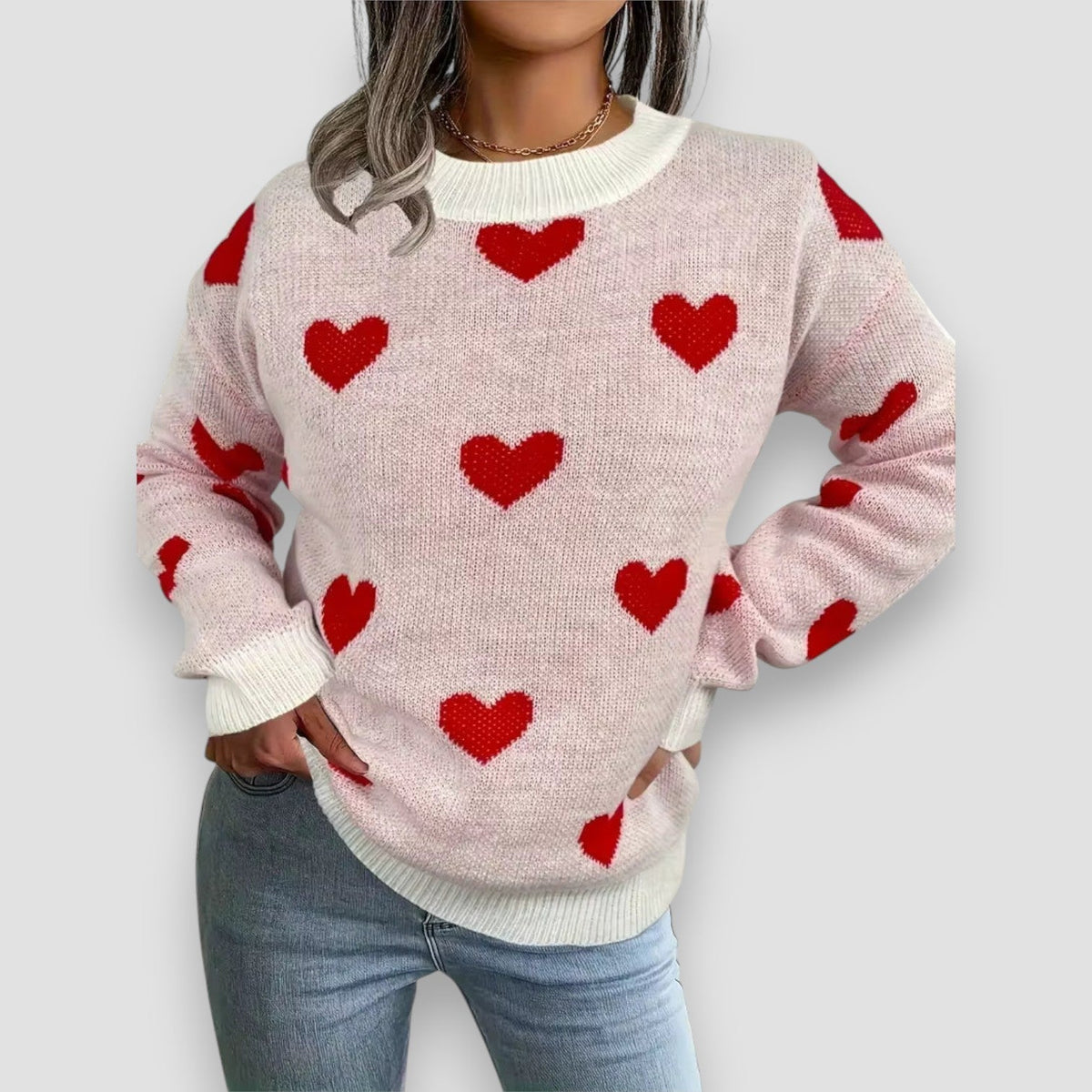 Women's Hearts-Pattern Sweater, Relaxed Fit | Delicate Print Detail, Cozy Everyday Layer | White or Pink | S–2XL