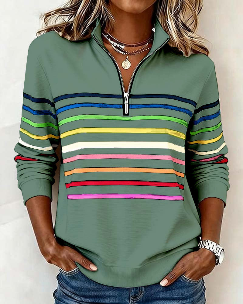 Mia Womens Half Zip Sweatshirt with Stripes in Green