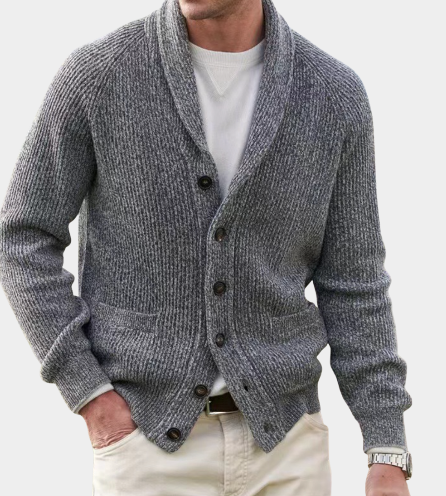 Brian Mens Shawl Collar Cardigan Sweater in Dense Knit in Gray