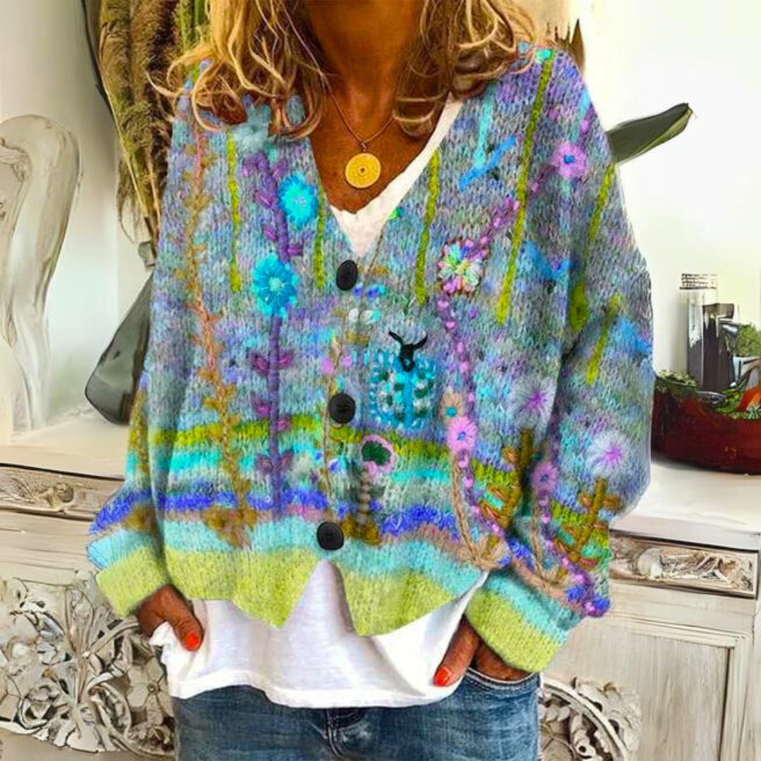 Hannah Womens Colorful Patterned Cardigan in Wool Blend in Green