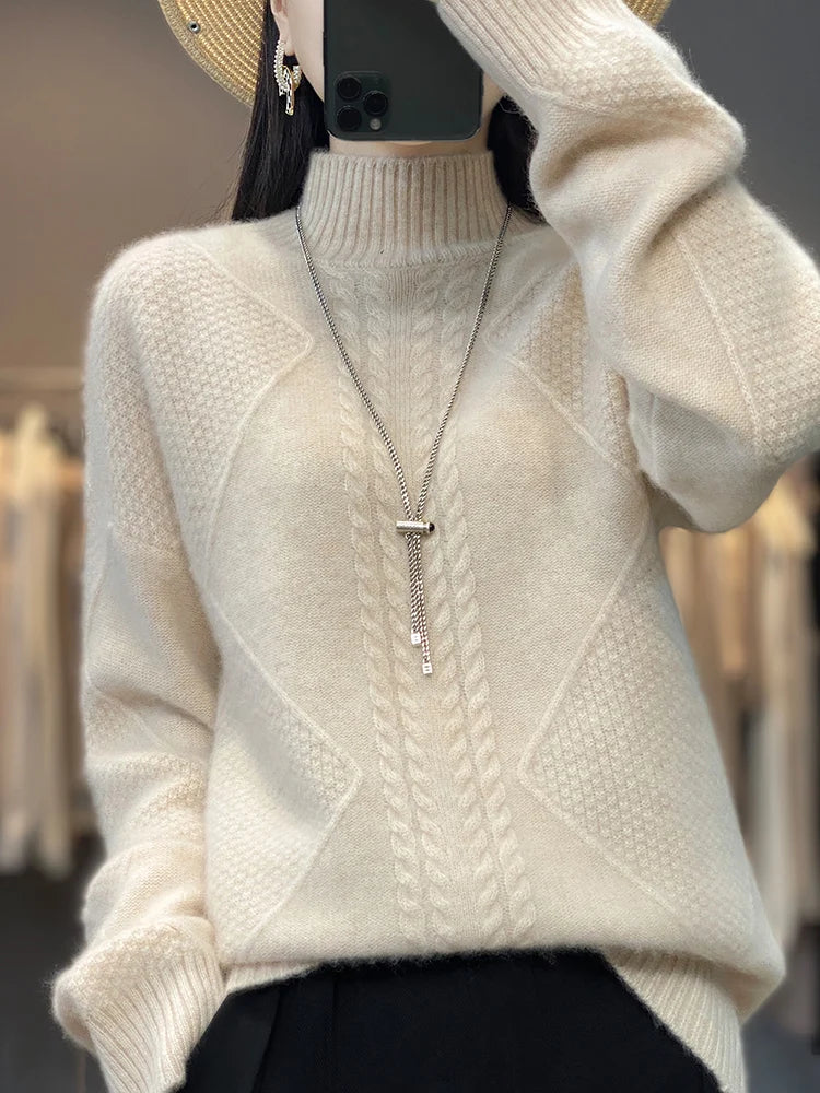 Ellis Womens Cashmere Turtleneck Sweater, Cable Knit in White