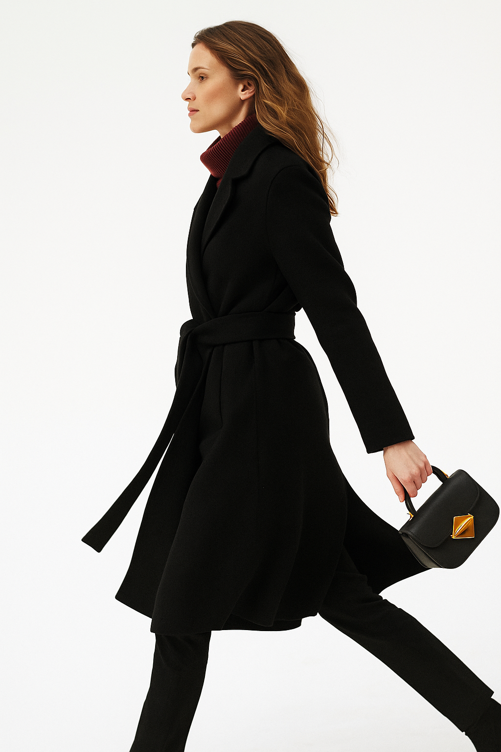 Claire Womens Belted Wool Coat in Midi Length