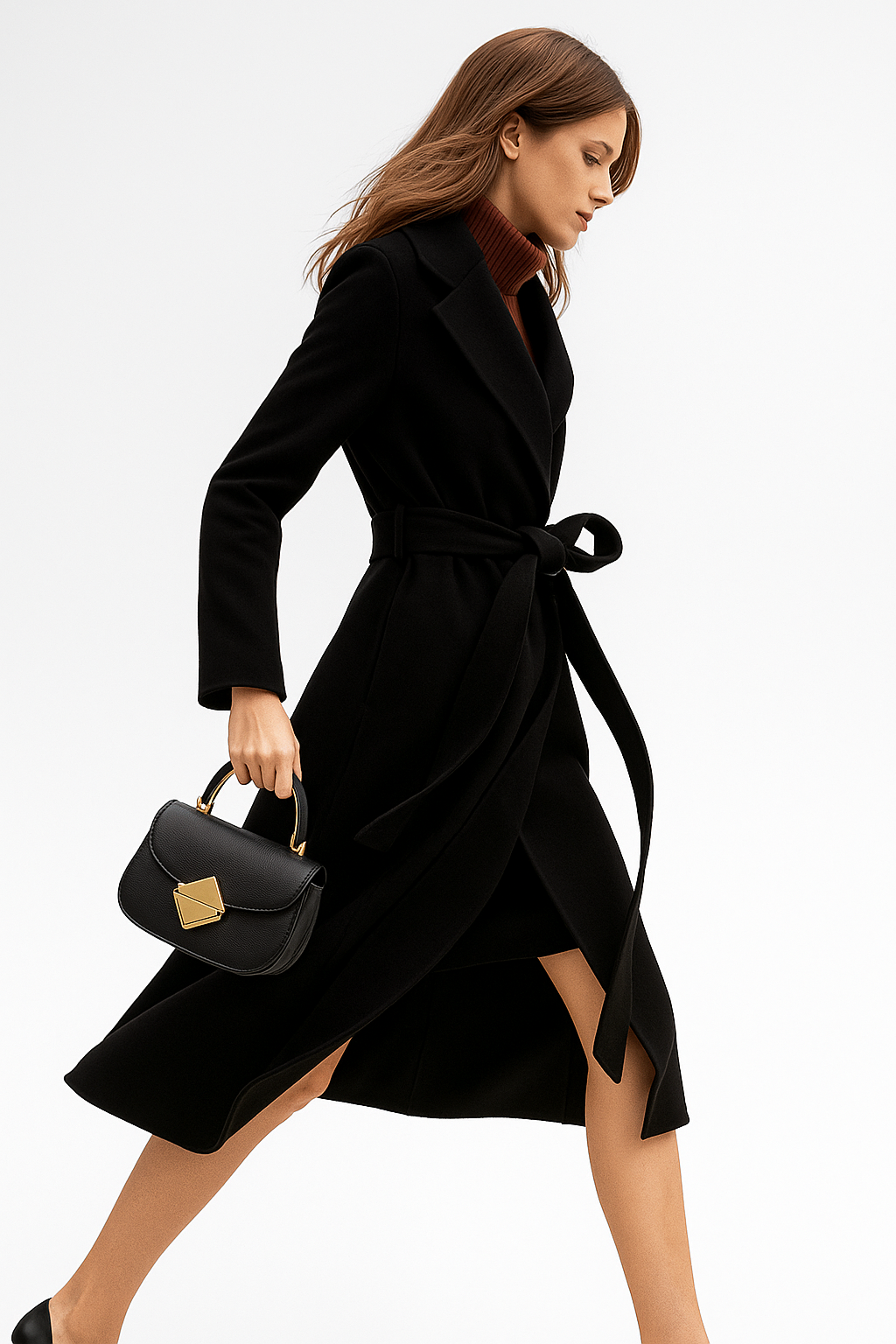 Claire Womens Belted Wool Coat in Midi Length