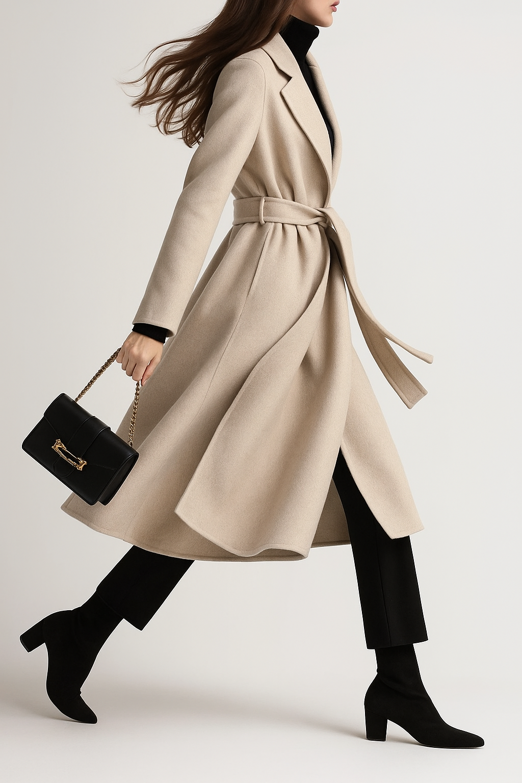 Claire Womens Belted Wool Coat in Midi Length