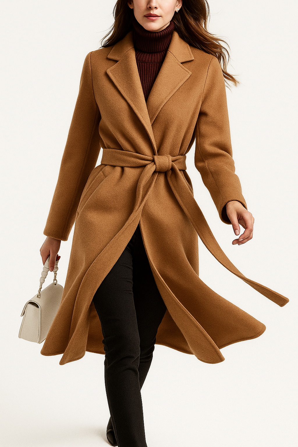Claire Womens Belted Wool Coat in Midi Length