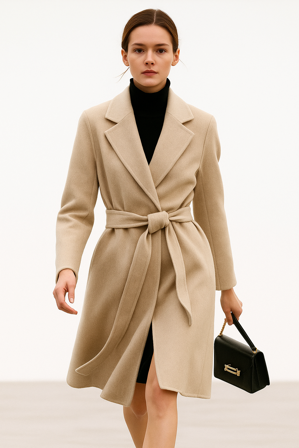 Claire Womens Belted Wool Coat in Midi Length