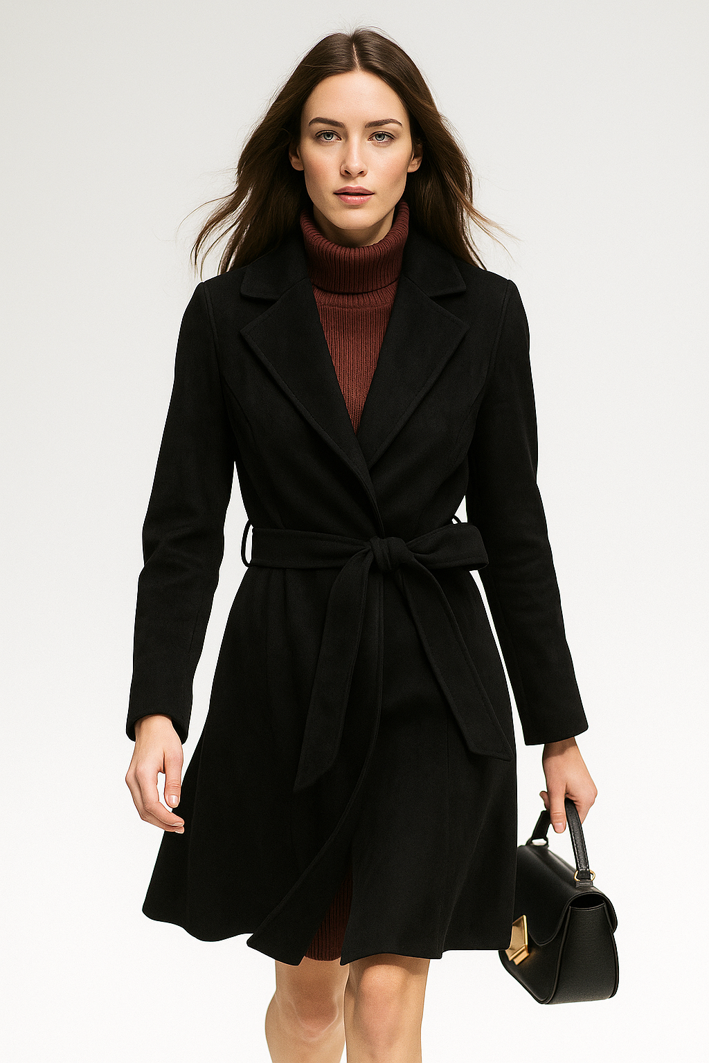 Claire Womens Belted Wool Coat in Midi Length