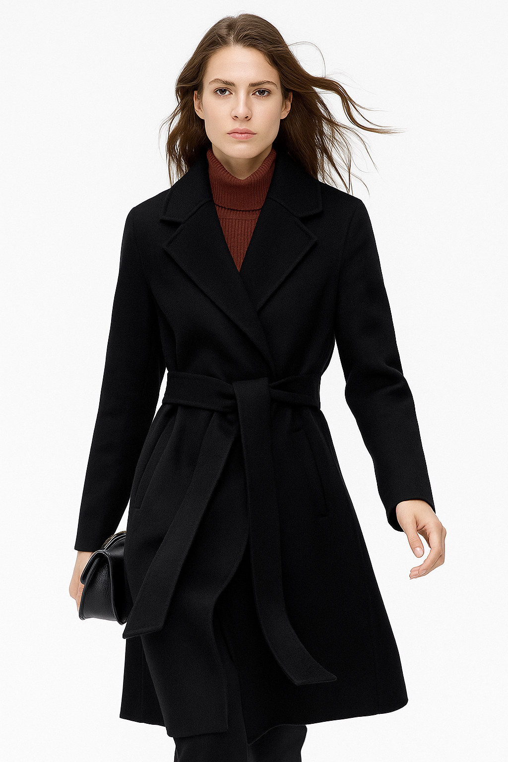 Claire Womens Belted Wool Coat in Midi Length