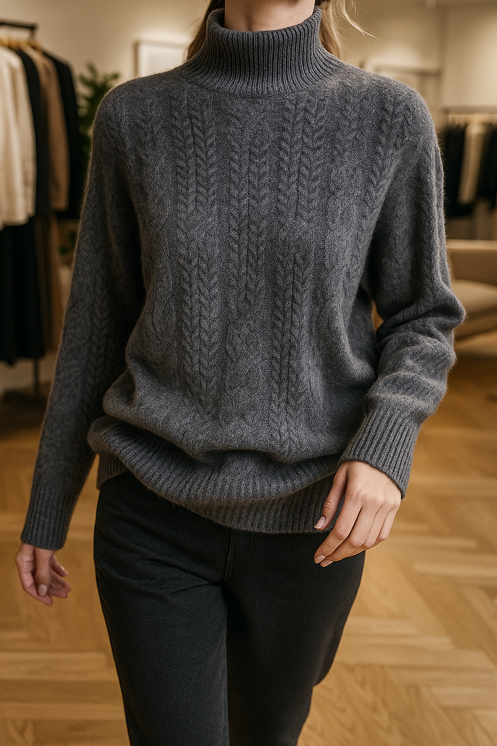 Whitney Womens Cable Knit Sweater with Half-High Collar