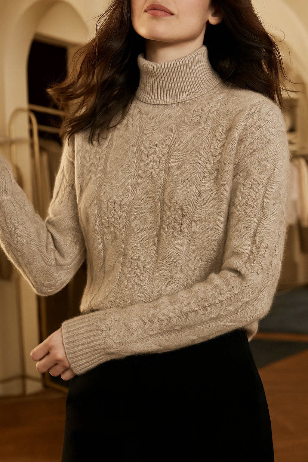Whitney Womens Cable Knit Sweater with Half-High Collar