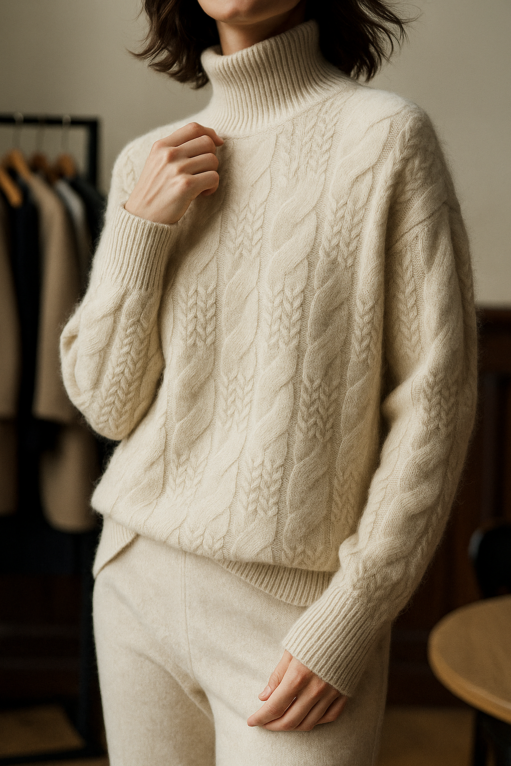 Whitney Womens Cable Knit Sweater with Half-High Collar