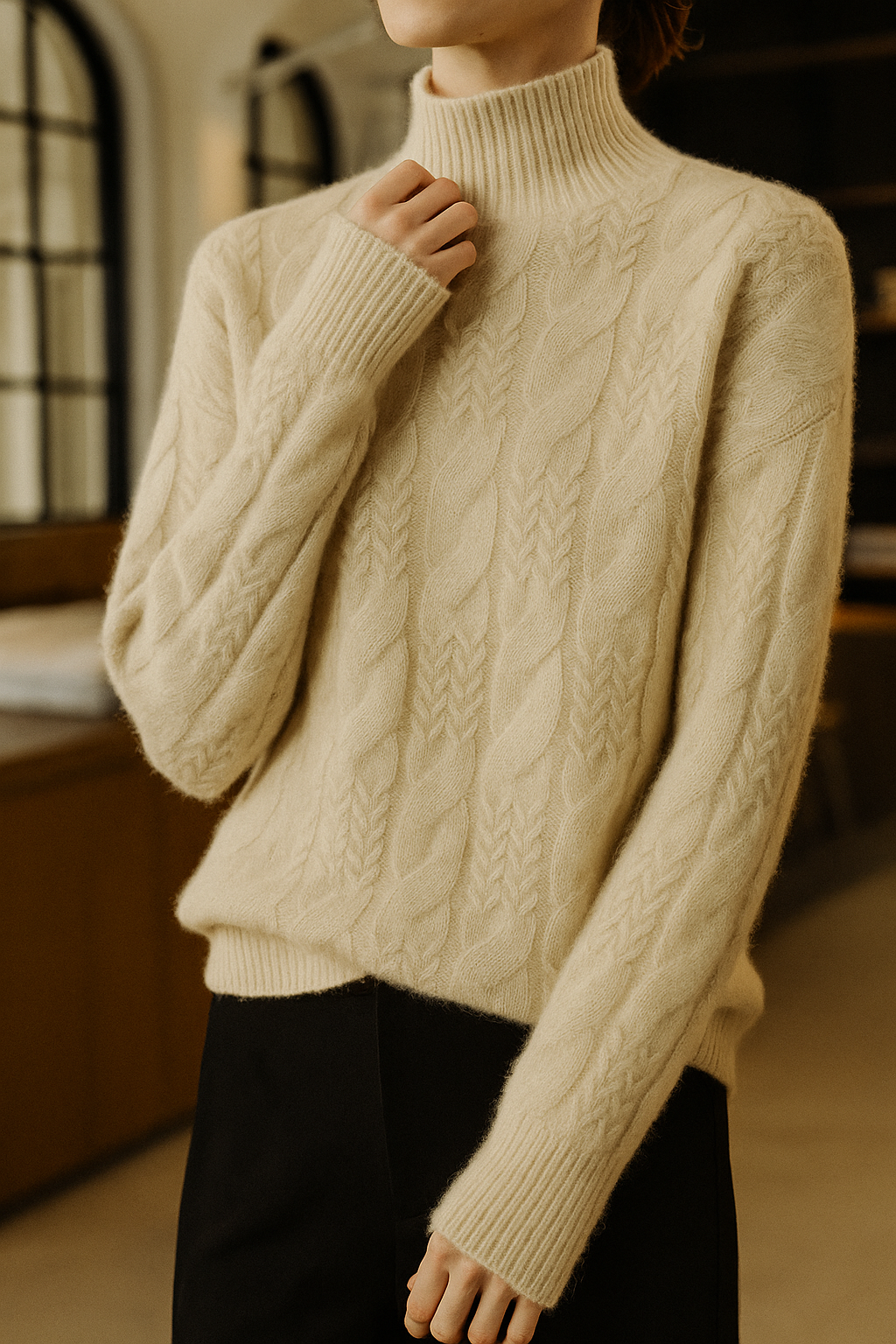 Whitney Womens Cable Knit Sweater with Half-High Collar