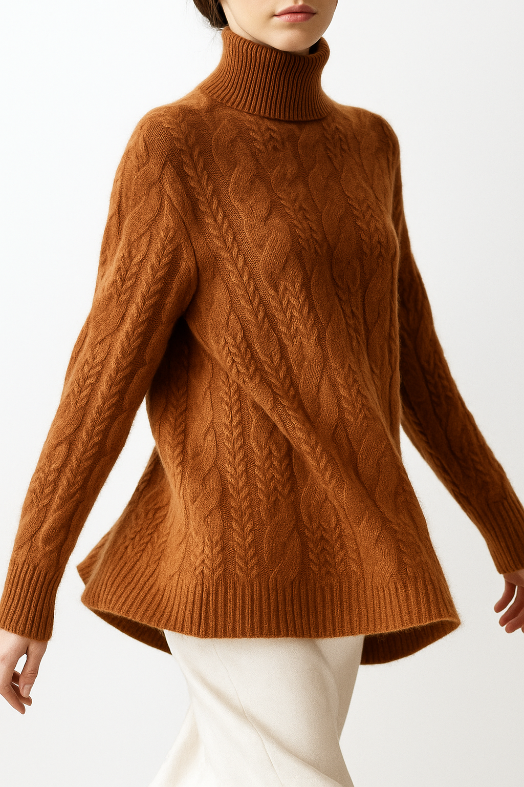 Whitney Womens Cable Knit Sweater with Half-High Collar