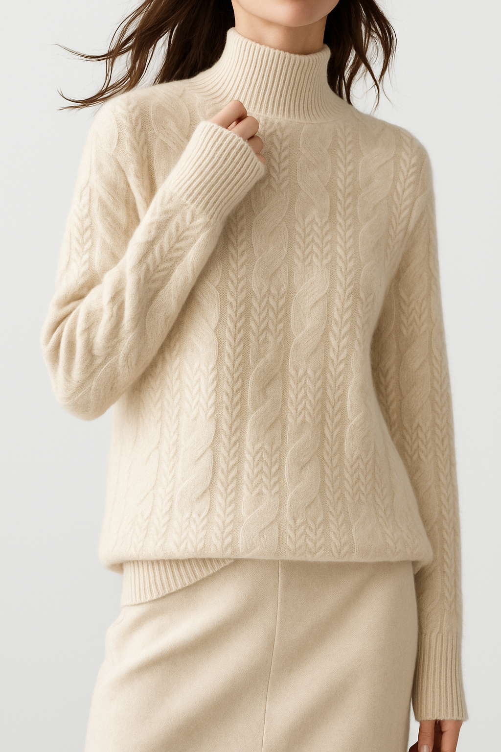 Whitney Womens Cable Knit Sweater with Half-High Collar