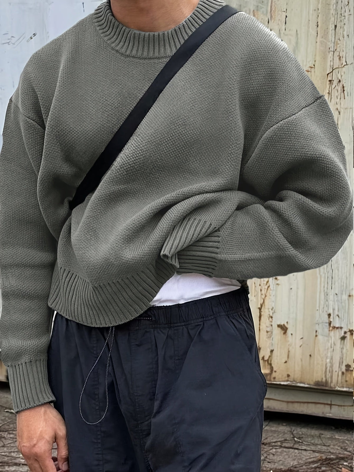 Kyle Mens Crew Neck Knit Sweater with Dropped Shoulders in Gray