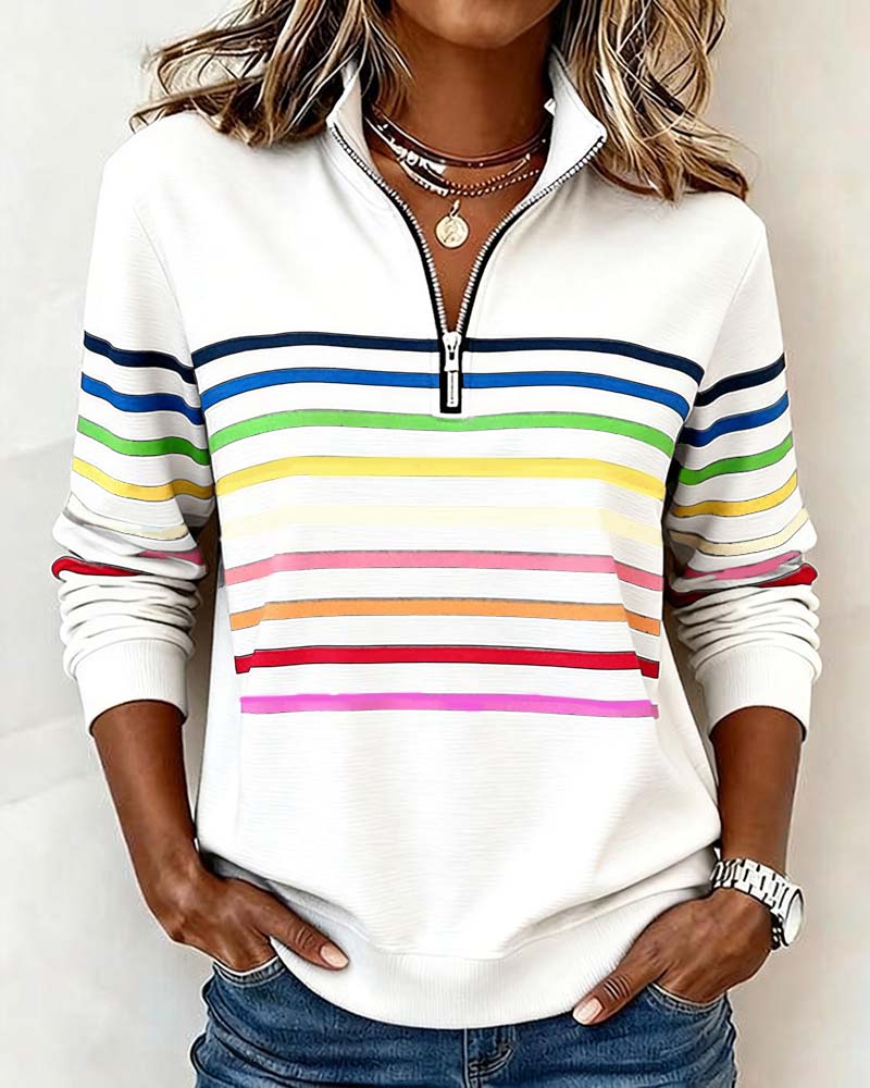 Mia Womens Half Zip Sweatshirt with Stripes in White