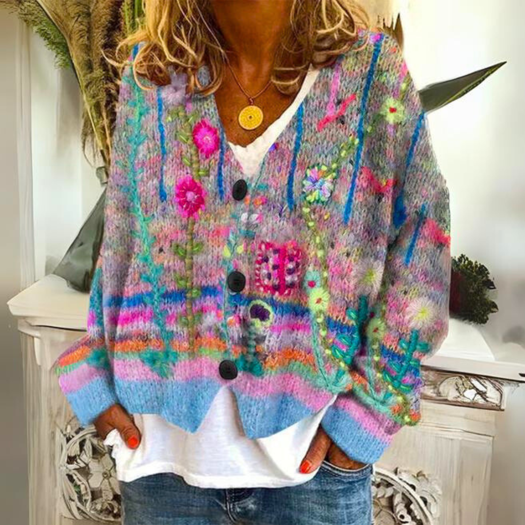 Hannah Womens Colorful Patterned Cardigan in Wool Blend in Blue
