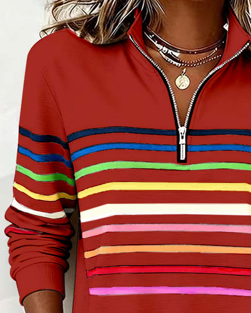 Mia Womens Half Zip Sweatshirt with Stripes