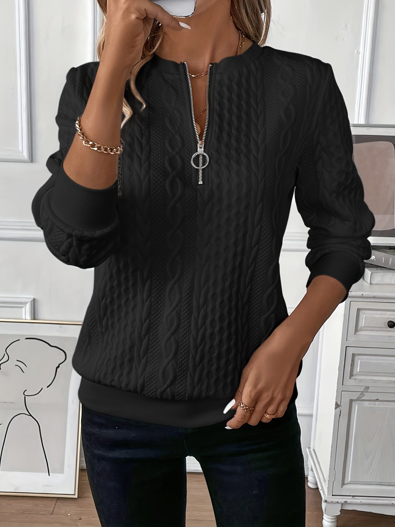 Women's Zip-Up Cable Knit Sweater, Slim Fit | Front Zipper, Structured Knit Pattern | 8 Colorways | S–2XL