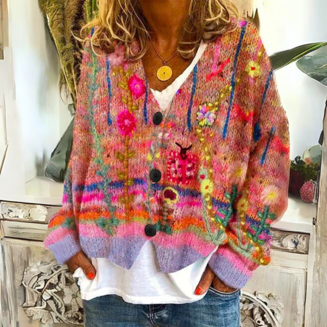 Hannah Womens Colorful Patterned Cardigan in Wool Blend in Red