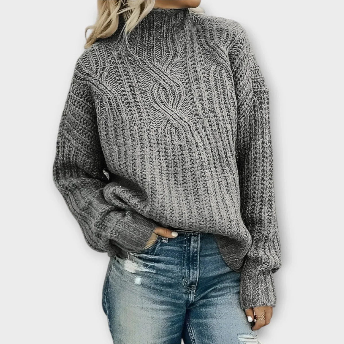 Women's High-Neck Cable-Knit Sweater, Relaxed Fit | Mock-Neck Design, Textured Knit | 5 Colorways | S–3XL