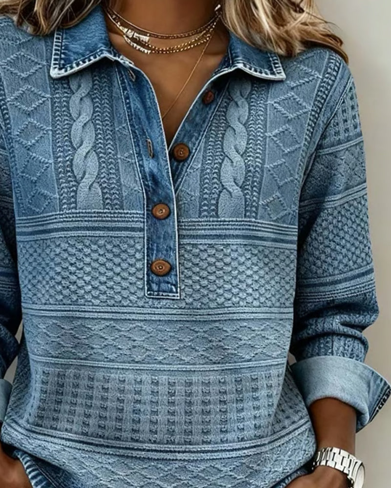 Kristen Womens Cable Knit Sweater with Collar and Button Neckline
