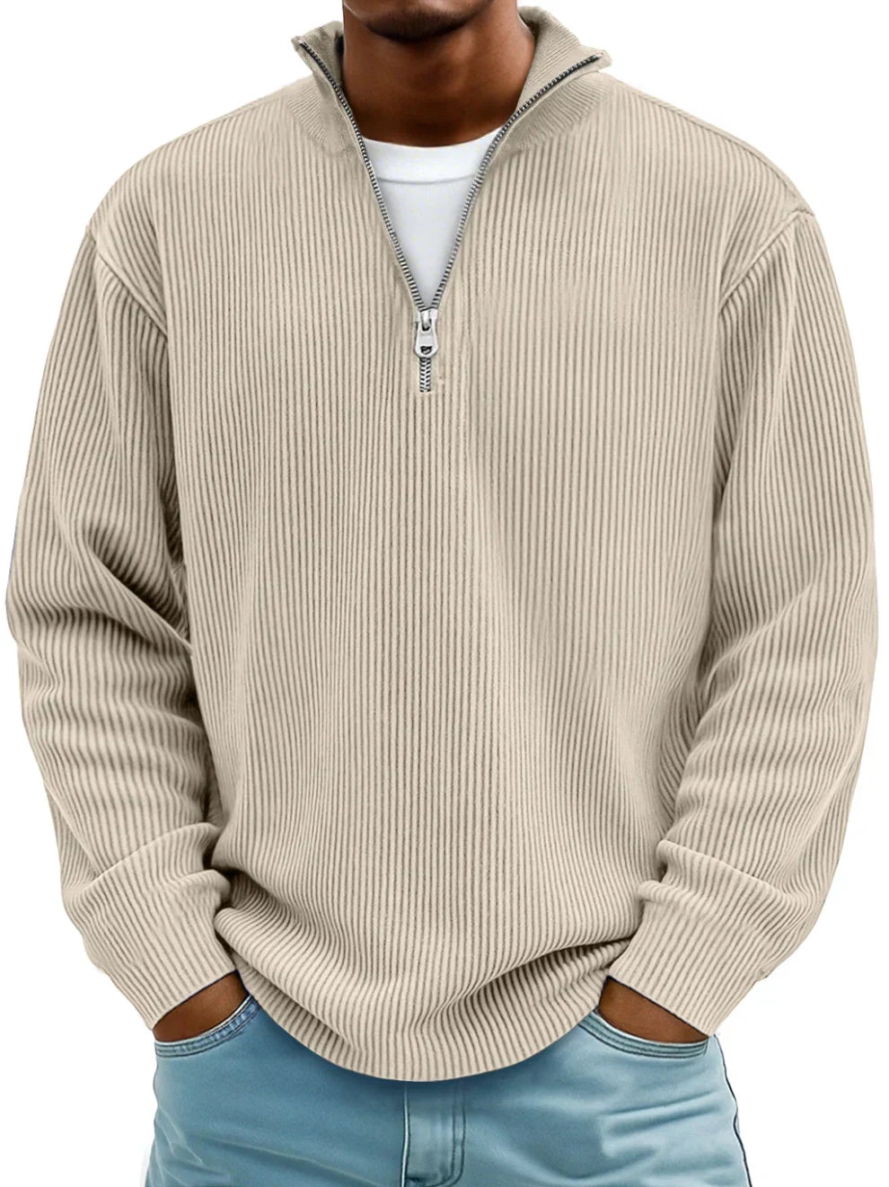 Calixto Mens Pullover, Half Zip Knit Sweater in Khaki