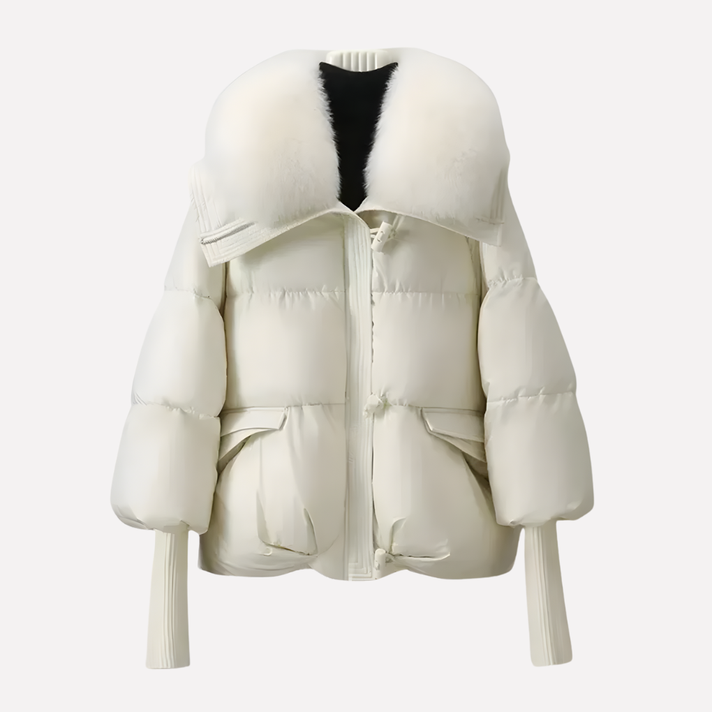 Alyssa Womens Quilted Puffer Jacket with Faux Fur Collar in Beige
