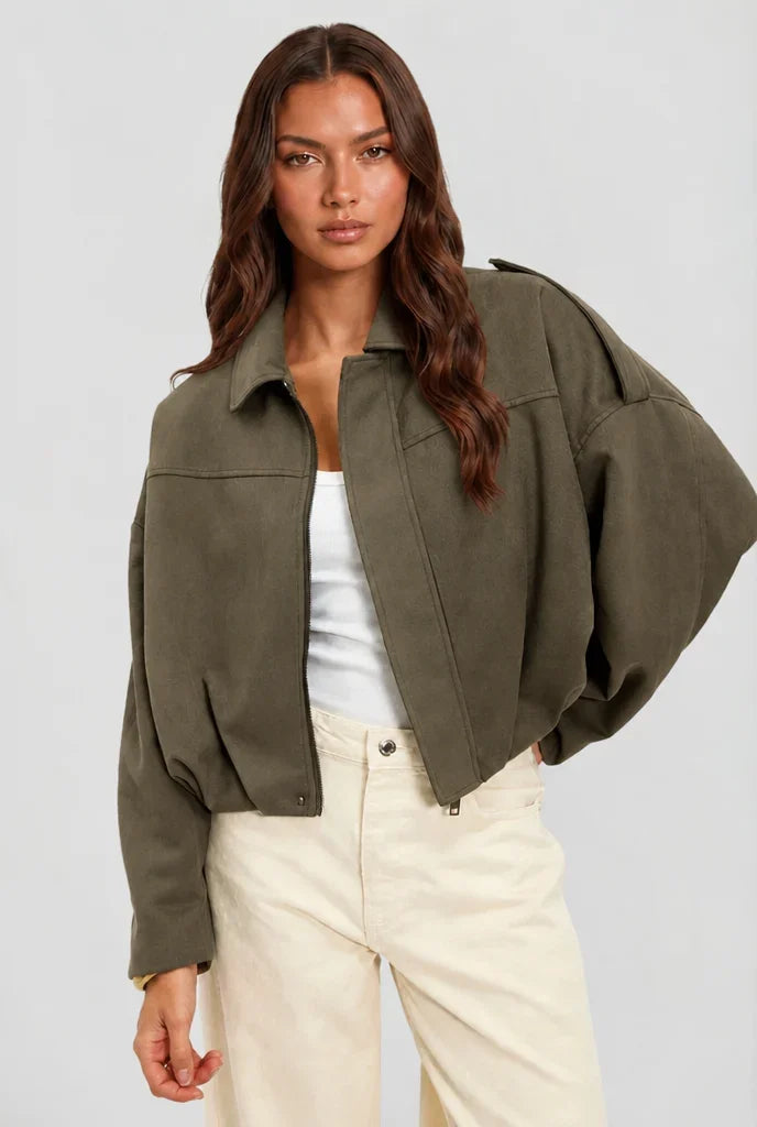 Jean Womens Oversized Suede Jacket, Cropped in Green