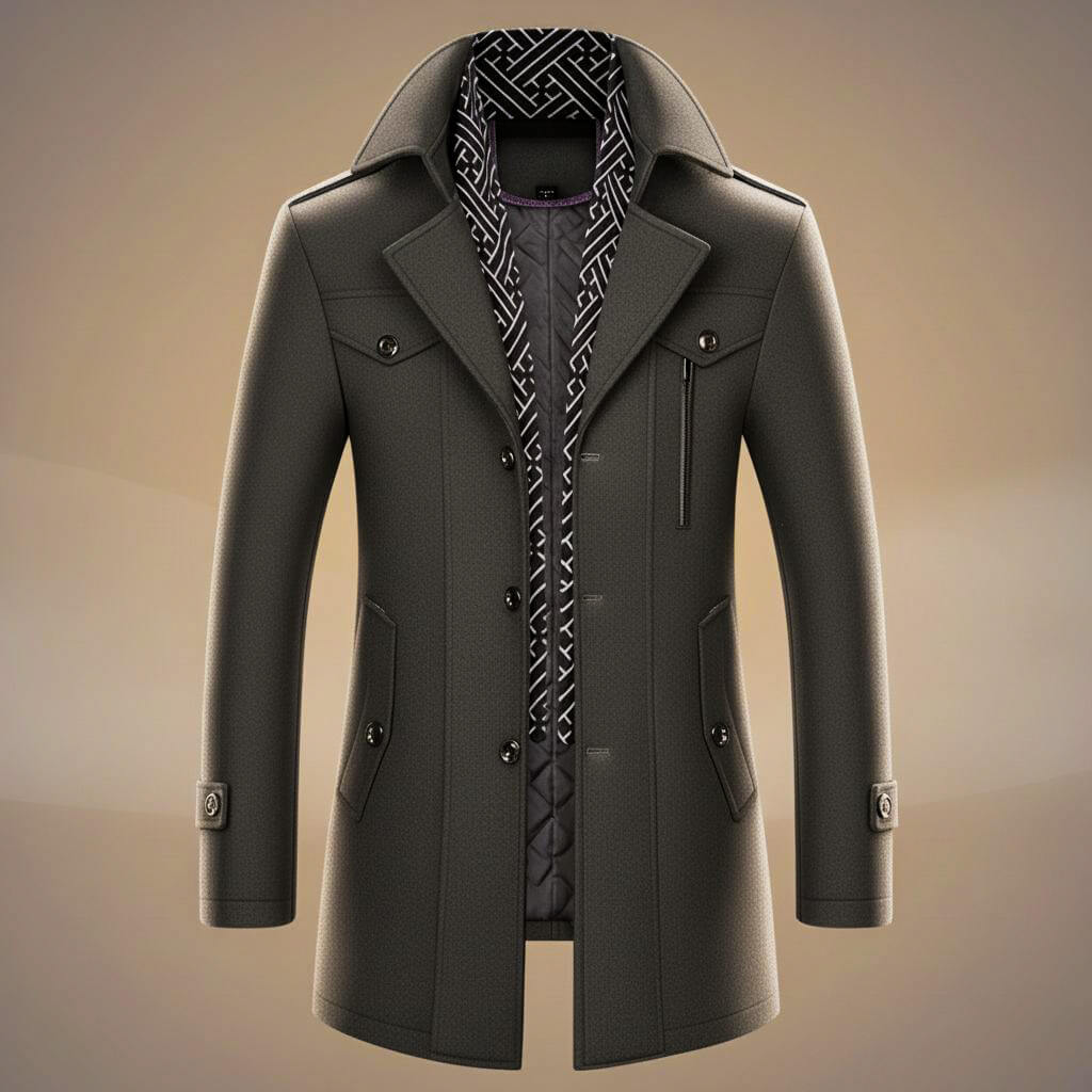 Kensworth Mens Virgin Wool Coat with Detachable Scarf in Graphite Gray