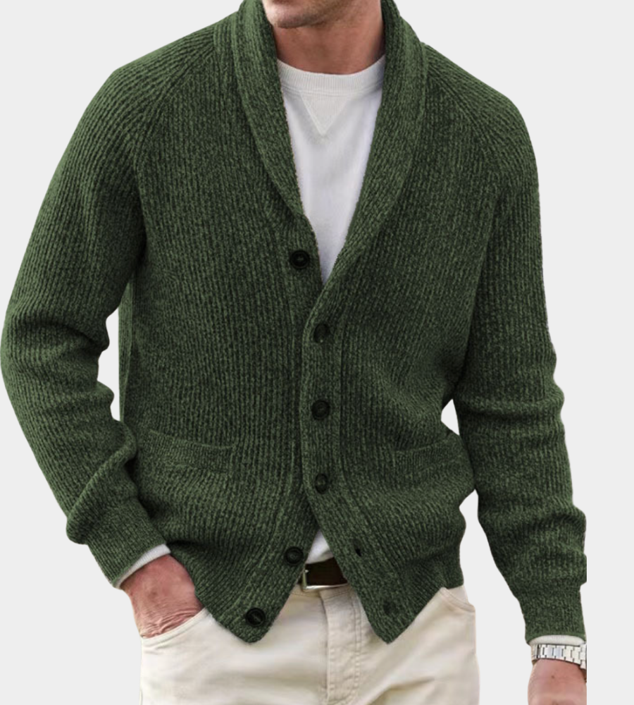 Brian Mens Shawl Collar Cardigan Sweater in Dense Knit in Army Green