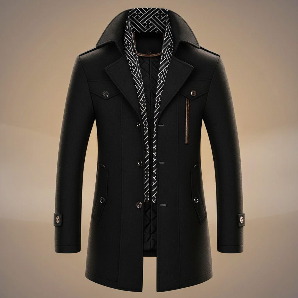 Kensworth Mens Virgin Wool Coat with Detachable Scarf in Obsidian Black