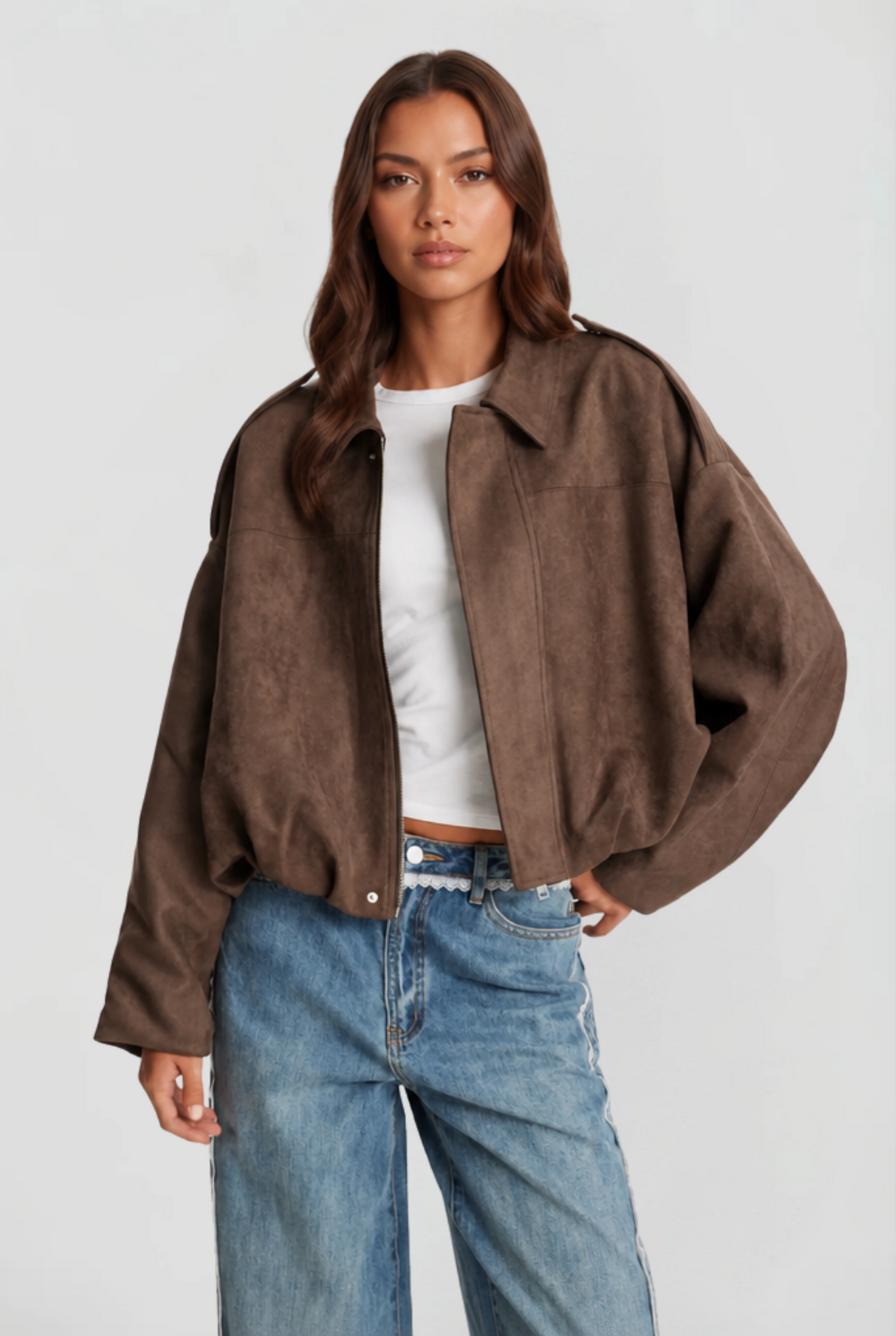 Jean Womens Oversized Suede Jacket, Cropped in Brown