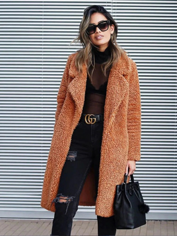Sandra Womens Long Teddy Coat in Soft Fleece in Chocolate