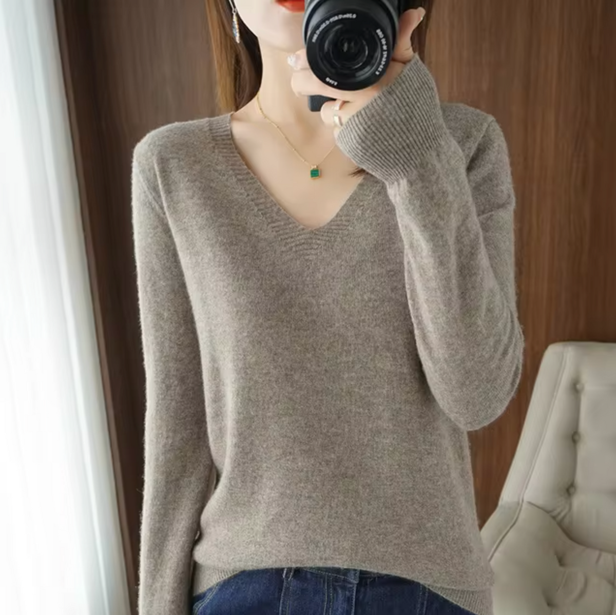 Sheena Womens V-Neck Sweater with Cashmere Feel in Light Brown