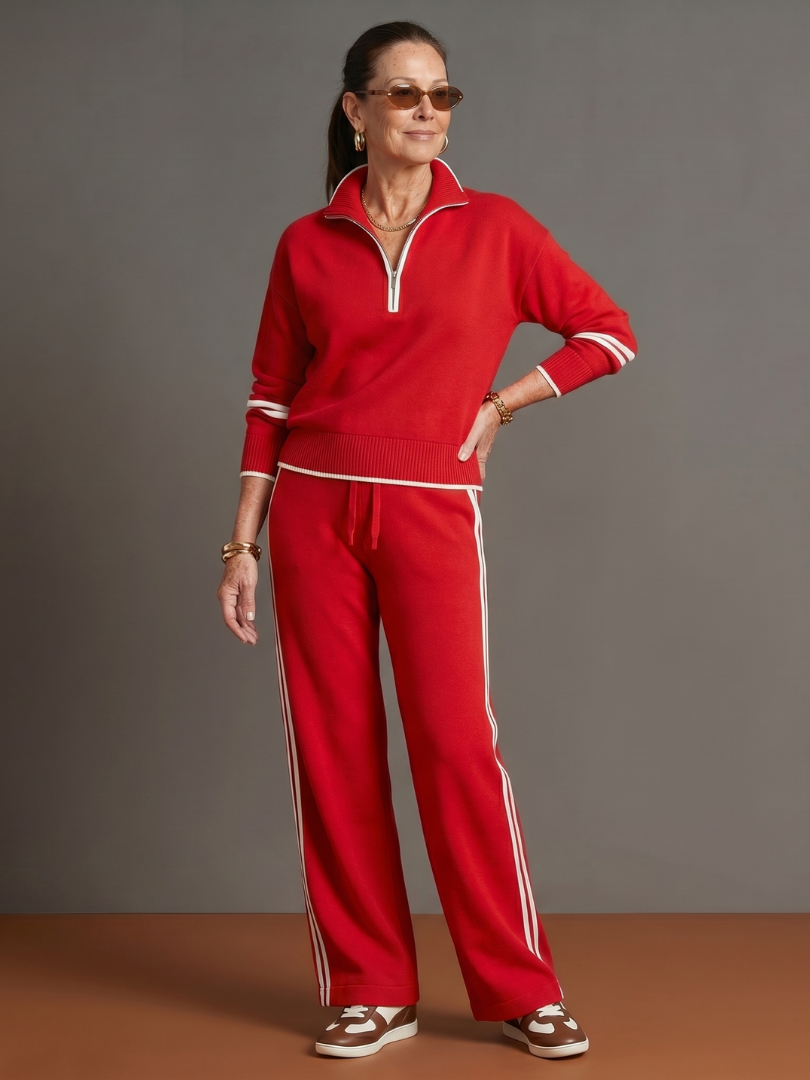 Rain Womens Knit Pants Set with Zip Neck Top in Red