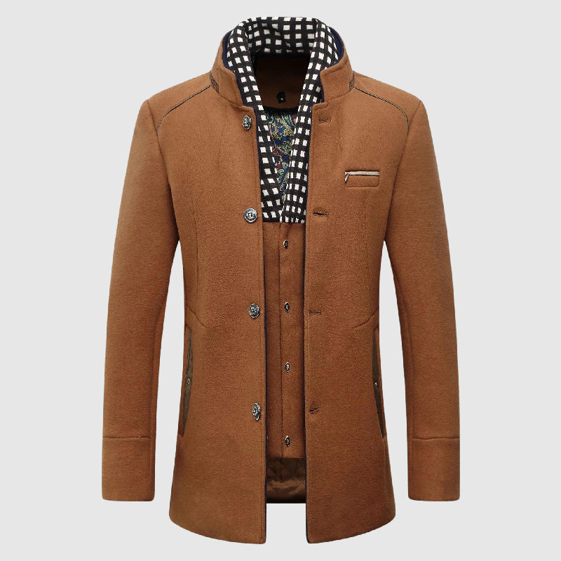 Men's Wool Blend Coat, Checkered Lining | Stand-Up Collar, Metallic Button Front | Black, Blue or Khaki | S–XXL