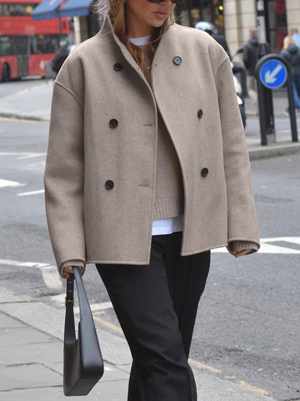 Charlene Womens Double Breasted Pea Coat with Stand Collar