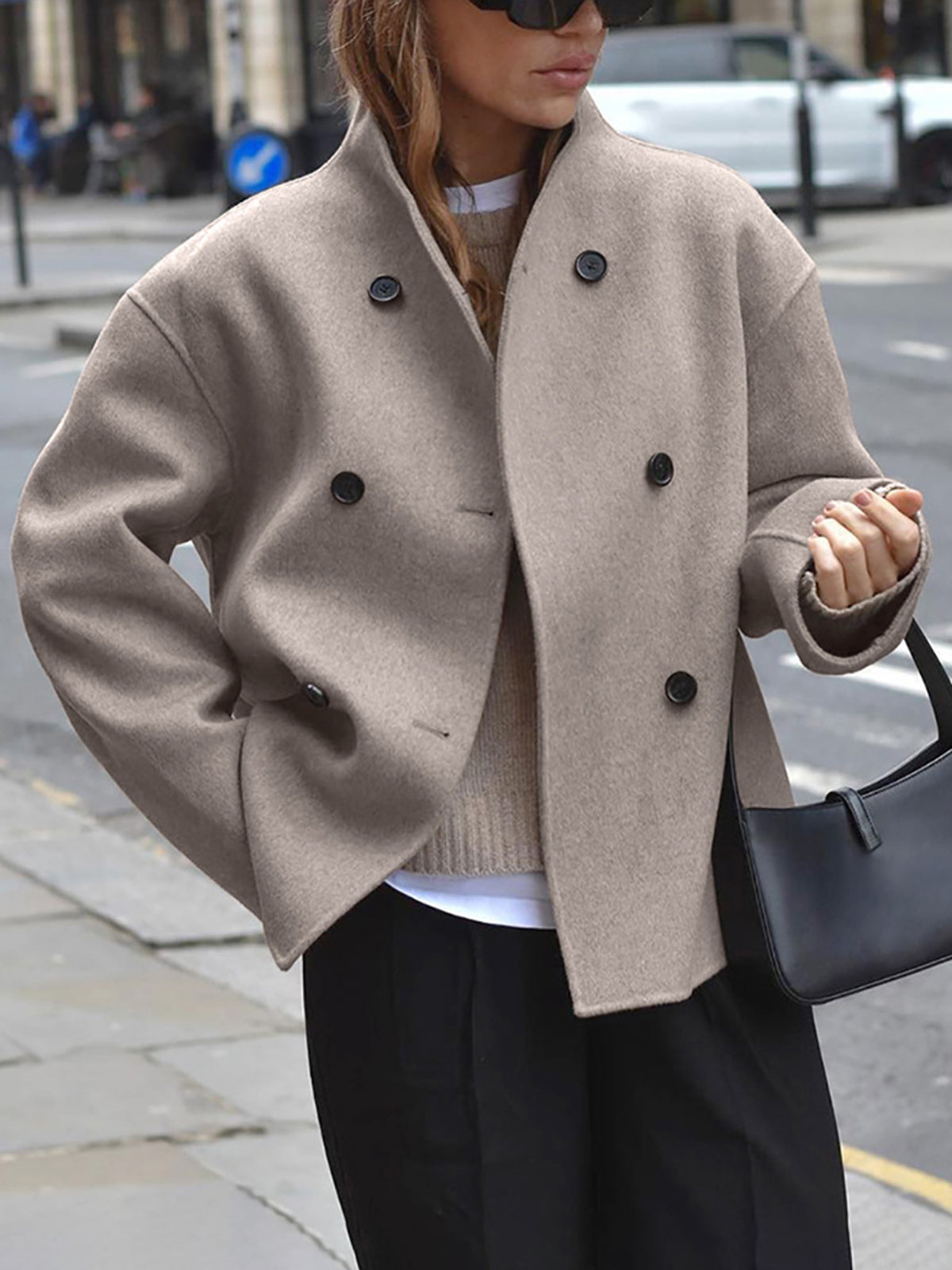 Charlene Womens Double Breasted Pea Coat with Stand Collar in Taupe