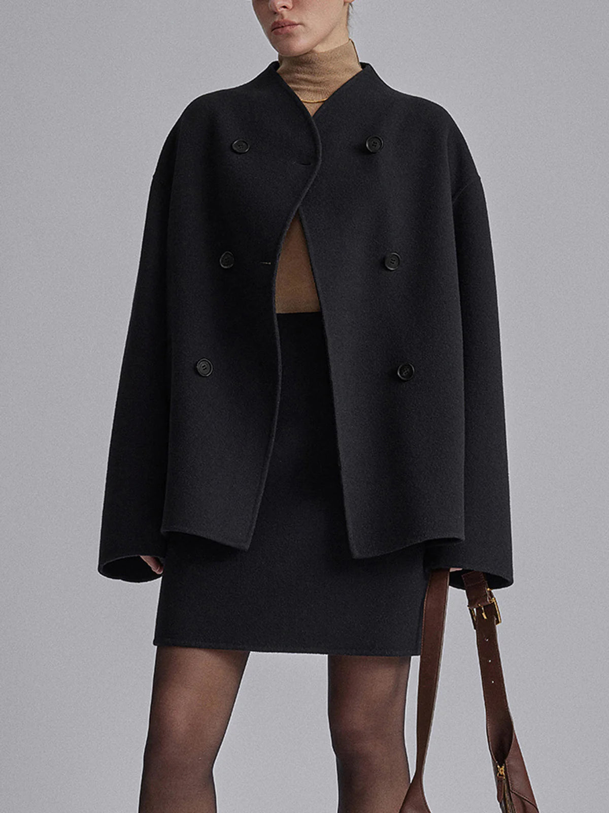 Charlene Womens Double Breasted Pea Coat with Stand Collar in Black